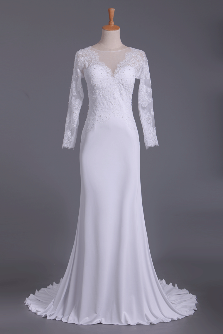 Wedding Dresses Scoop Long Sleeves Spandex Court Train With