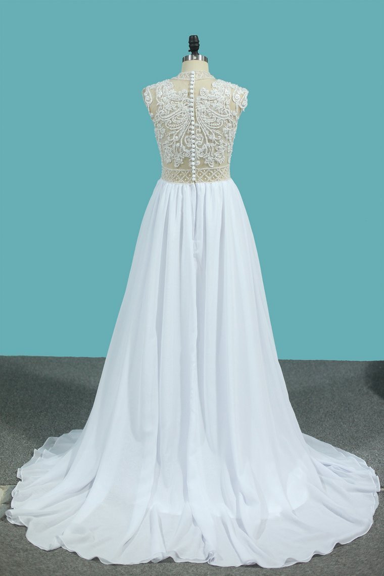 2024 A Line Chiffon High Neck Wedding Dresses With Beads And Slit Sweep