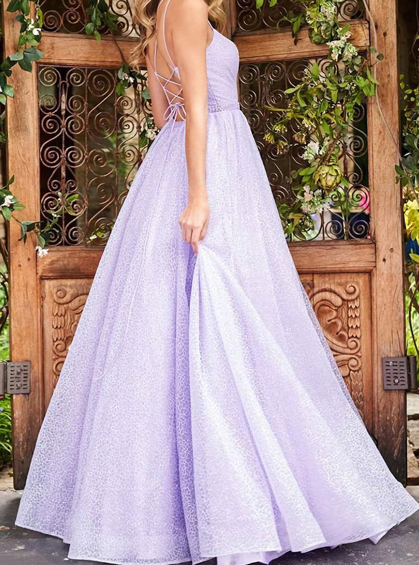 Lilac Sleeveless A Line Sequins Long Prom Dresses