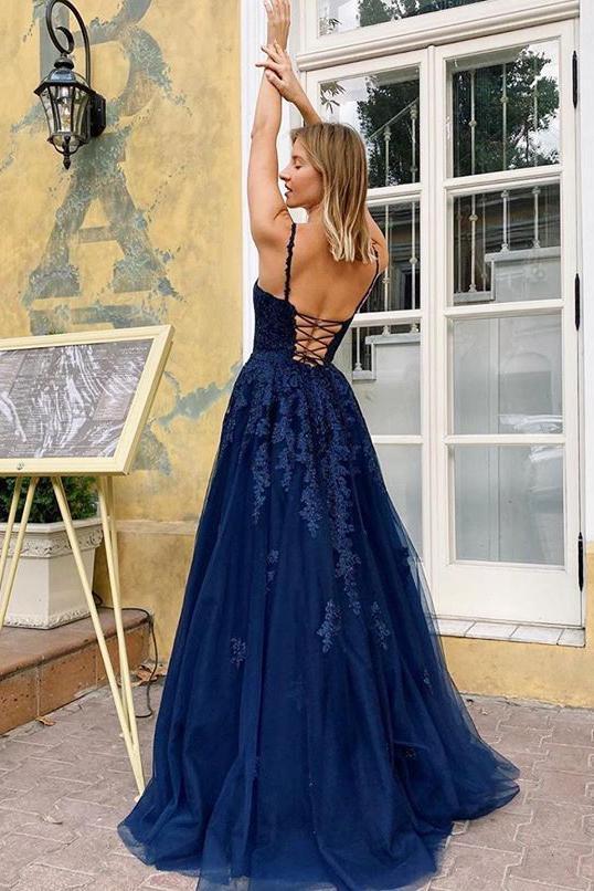 Elegant Blue V Neck Lace Long Prom Dresses Spaghetti Straps Evening STC20485