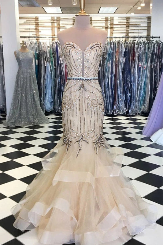 Elegant Sweetheart Tulle Beaded Long Mermaid Prom Dresses, Cheap Formal Dresses STC15207