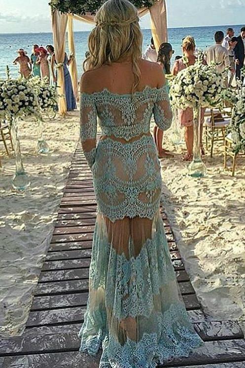 Light blue lace off-shoulder long sleeves see-through long prom dresses evening