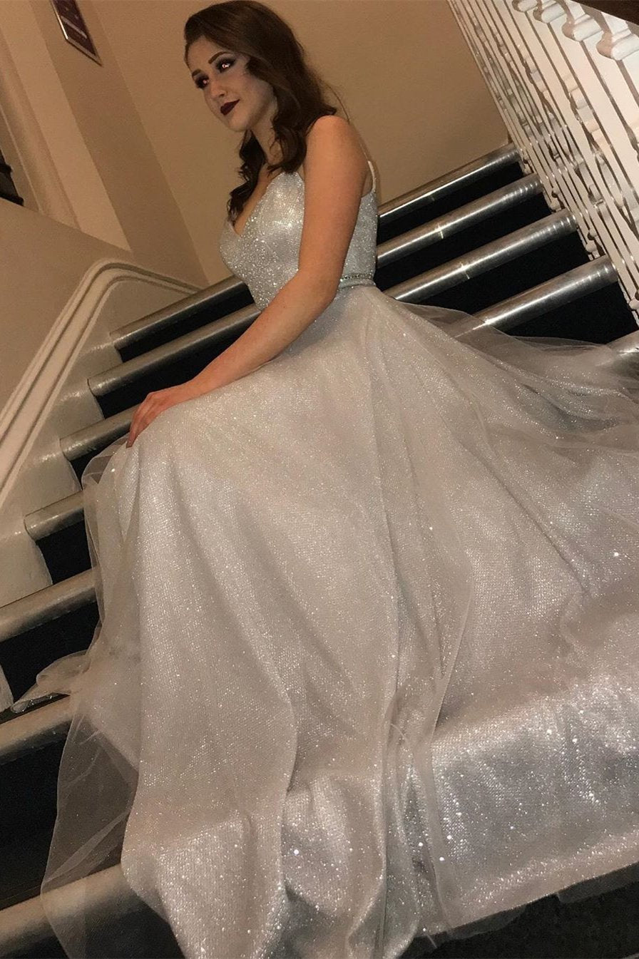 Glitter Silver Long Spaghetti Straps Prom Dresses with V Neck, Dance STC20418