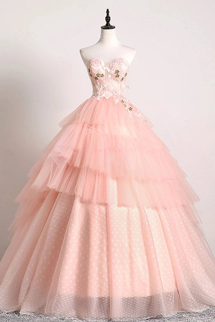 Princess Ball Gown Pink 3D Lace Multi-layered Prom Dresses, Tulle Quinceanera Dresses STC15292