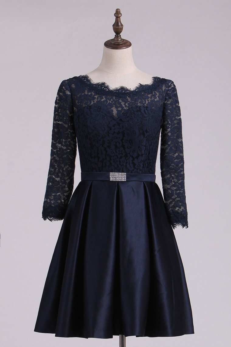 2024 3/4 Length Sleeve Bridesmaid Dresses A Line Bateau Satin & Lace Open Back Black