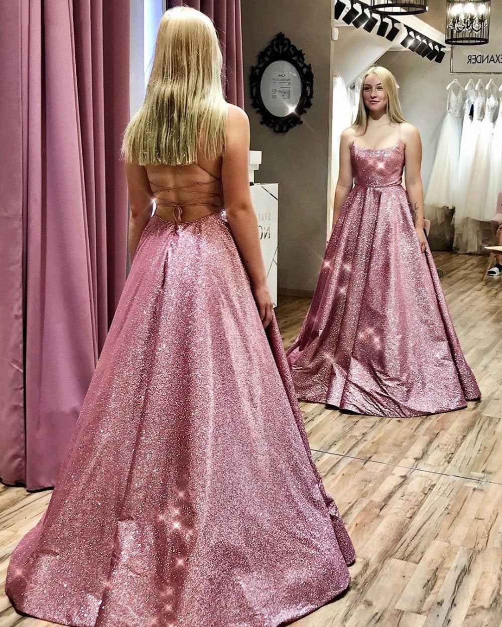 Unique A line Pink Sequins Spaghetti Straps Prom Dresses Evening STC15678