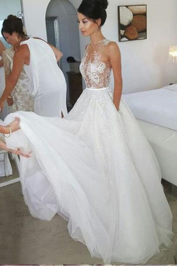 Chic Sleeveless A Line Tulle Lace Wedding Dresses Floor Length with Appliques