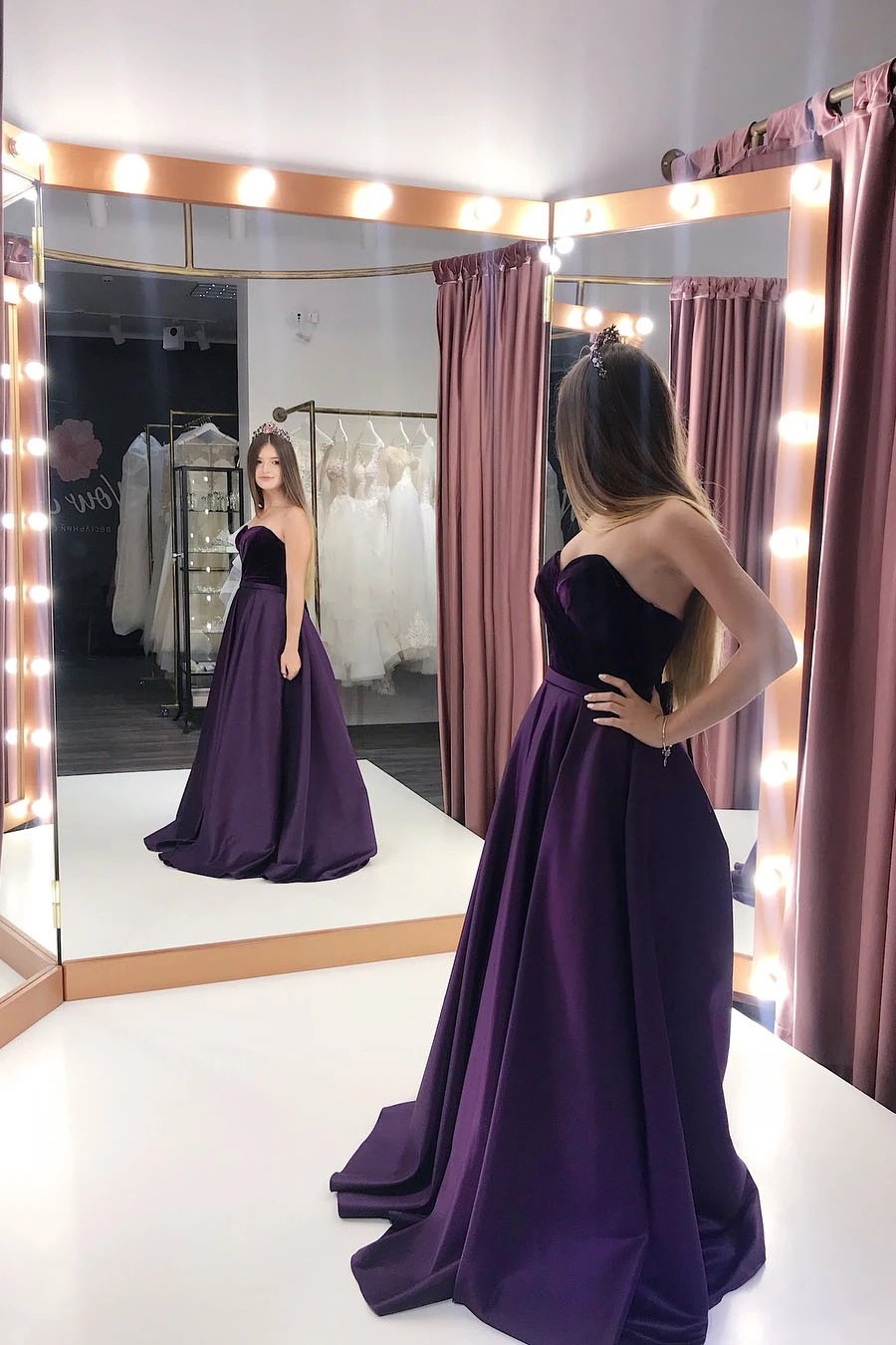 A Line Purple Satin Sweetheart Long Prom Dresses With Pockets, Strapless Evening Dresses STC15015