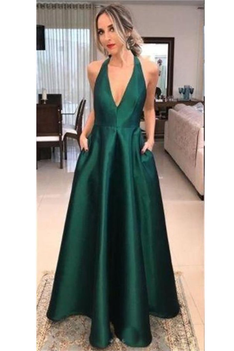 Deep V-Neck Simple Cheap Green Long Open Back Prom