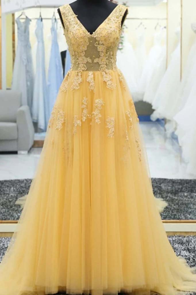 A-line V-neck Tulle Long Prom Dresses, Yellow Appliques Evening Dresses