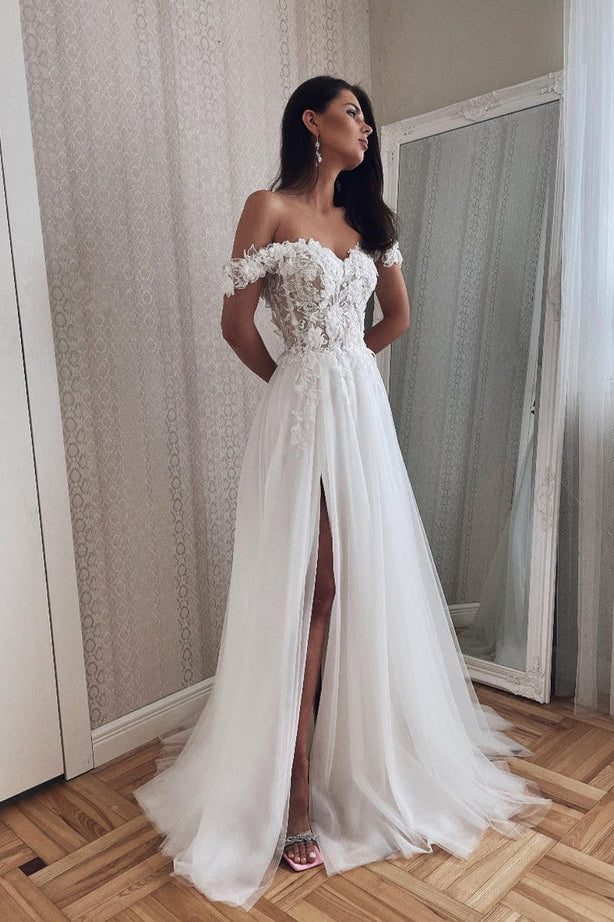 Charming A Line Off the Shoulder Tulle Wedding Dresses with Appliques