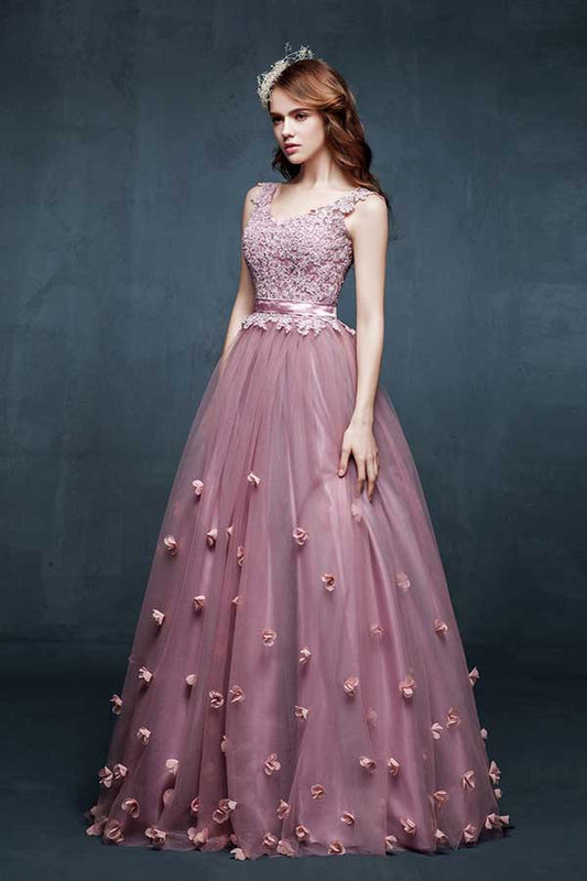 A Line Floor Length Scoop Neck Sleeveless Lace Up Appliques Beading Prom Dresses