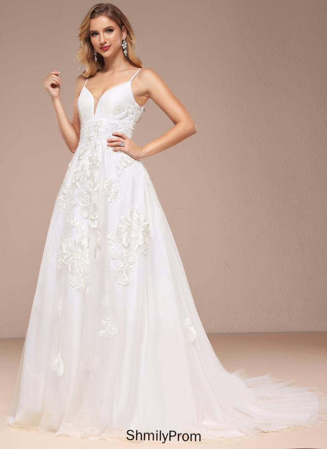 With Tulle V-neck Train Court Dress Lace Ball-Gown/Princess Wedding Wedding Dresses Susan Sequins