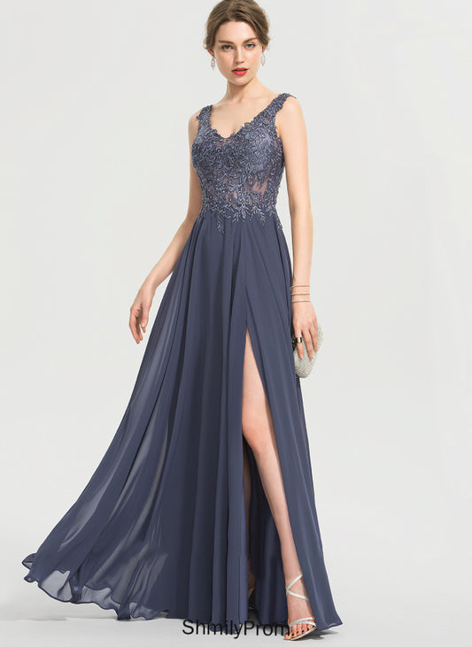 Chiffon Front A-Line V-neck Justine Floor-Length Split With Prom Dresses Sequins Beading