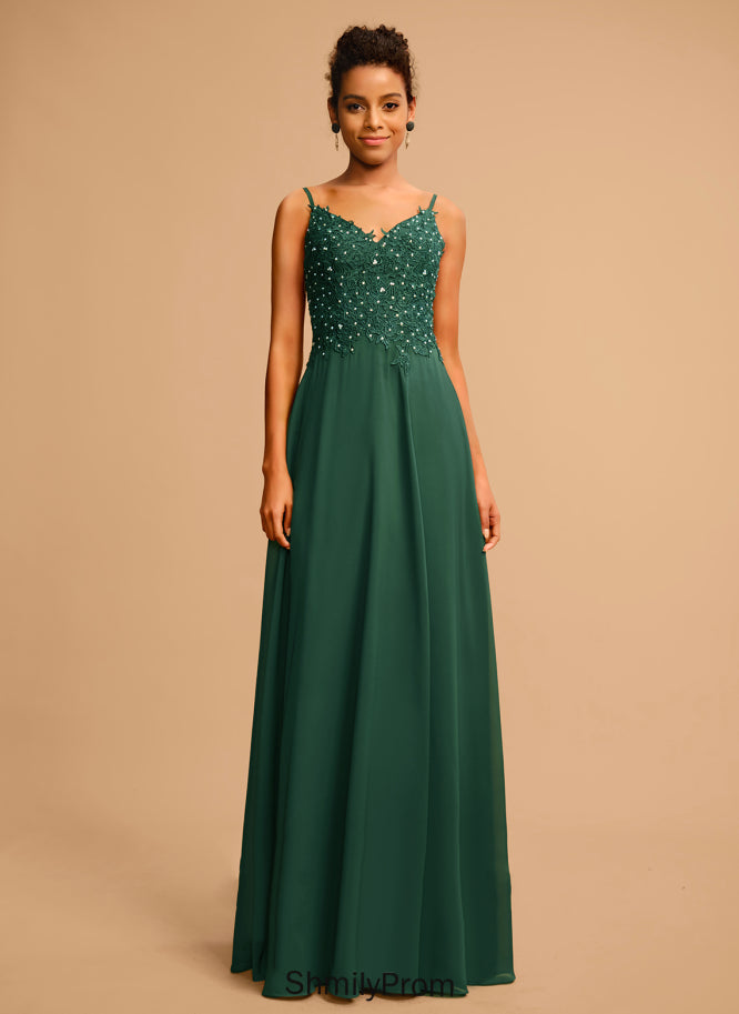 Beading Chiffon V-neck Sequins Minnie Floor-Length Lace Prom Dresses A-Line With