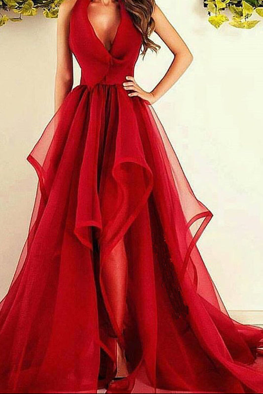 Red A Line Court Train Deep V Neck Sleeveless Ruffles Long Prom Dresses