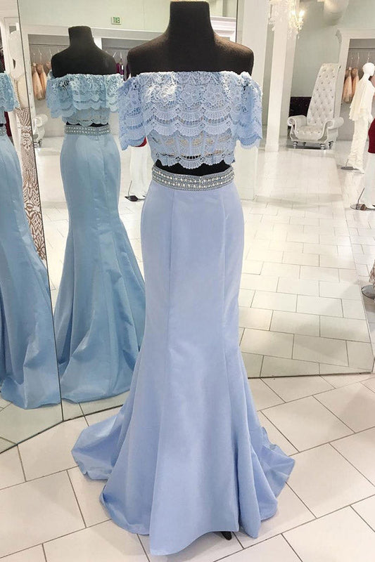 Blue Two Piece Shaeth Brush Train Off Shoulder Lace Beading Prom Dresses
