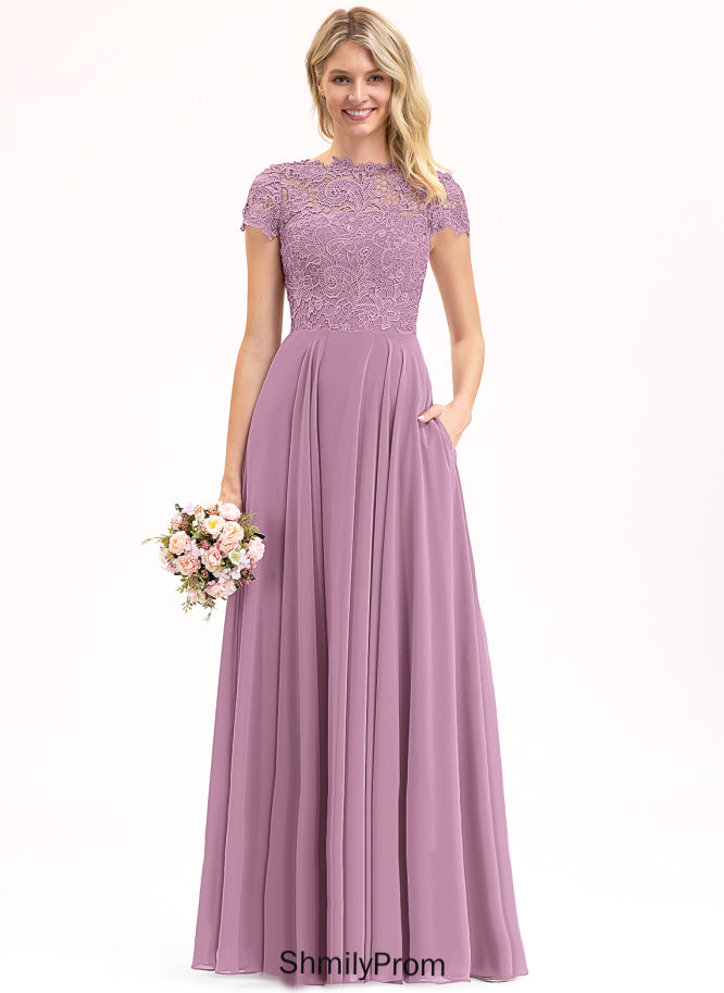 Scoop Floor-Length Lace Nataly Chiffon A-Line Prom Dresses