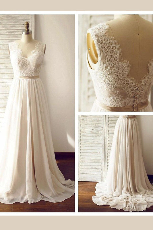 Charming V-neck Backless Long Chiffon Beach Sleevelss Lace Wedding Dresses