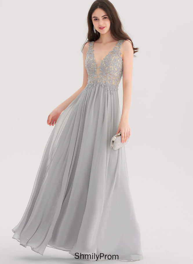With Rhinestone Chiffon A-Line Floor-Length Lace Prom Dresses V-neck Braelyn