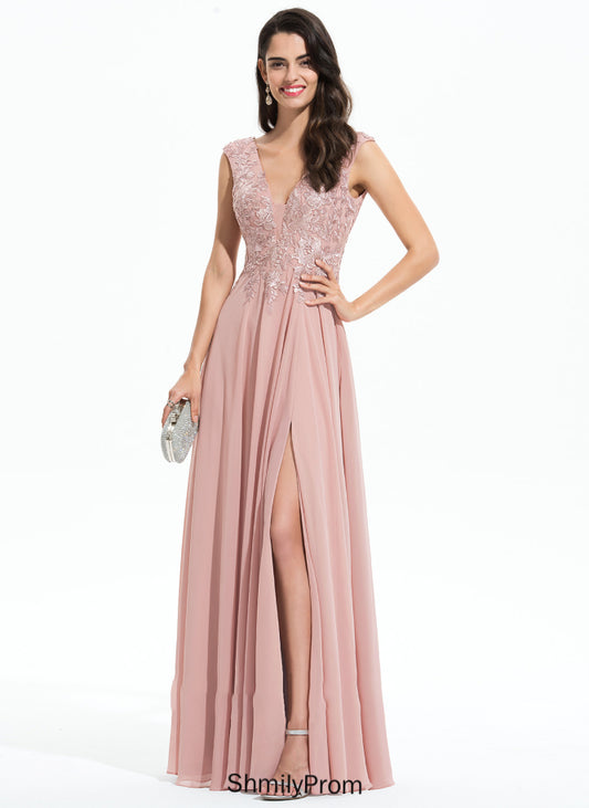 Lace Chiffon With Laney Front Split V-neck Floor-Length Prom Dresses A-Line