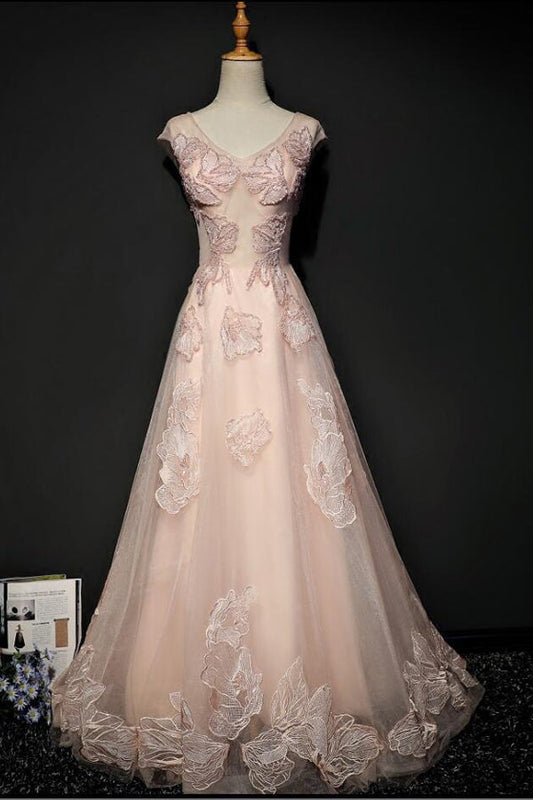 Pink A Line Brush Train V Neck Capped Sleeve Lace Up Appliques Prom Dresses