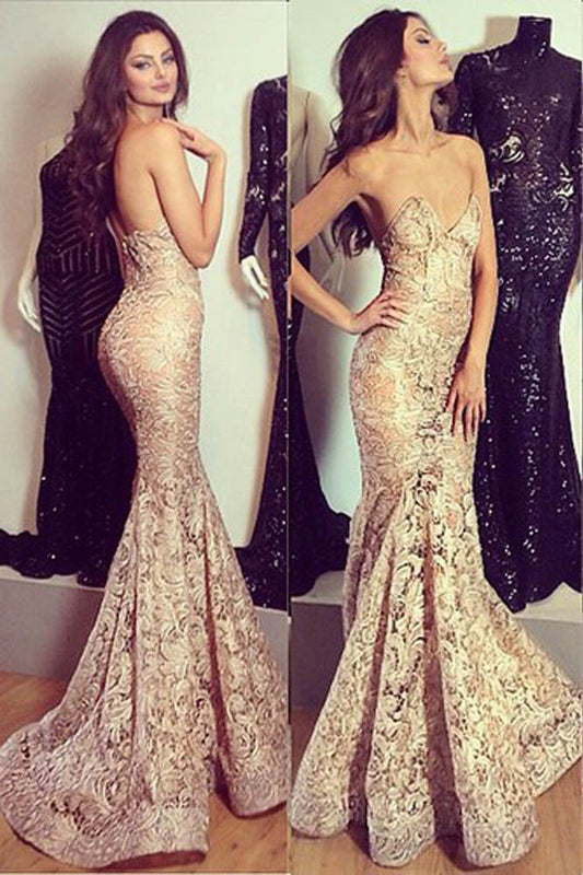 Golden Trumpet Sweep Train Sweetheart Sleeveless Mid Back Lace Prom Dresses