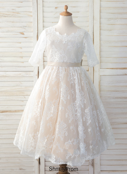 - Karla Dress Flower Girl Dresses Sleeves Tea-length Tulle/Lace Girl With Scoop A-Line 3/4 Flower Neck Bow(s)