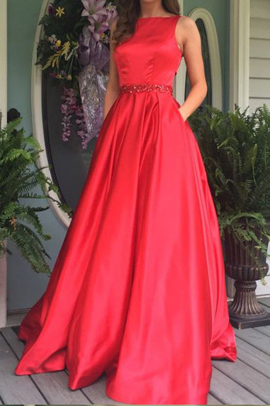 Red A Line Sweep Train Sleeveless Mid Back Beading Prom Dresses