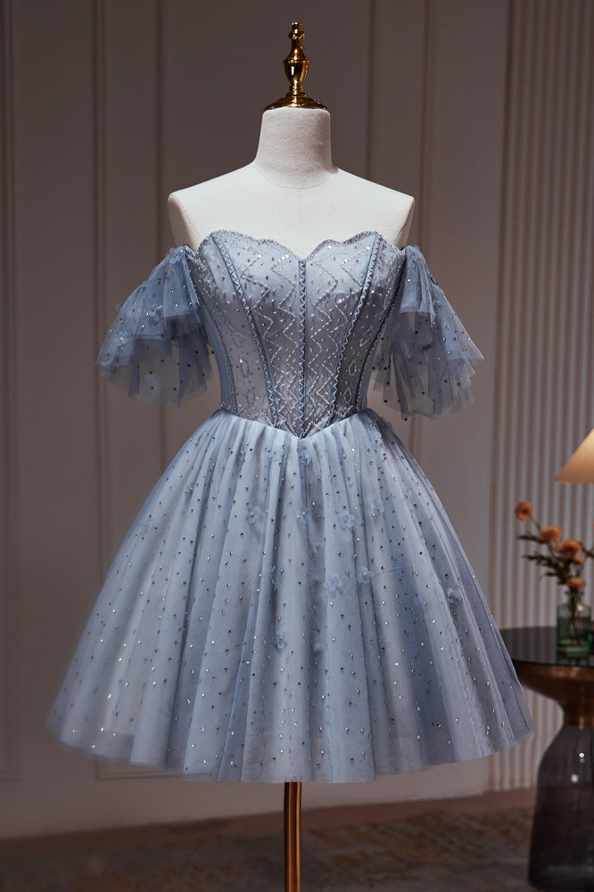 Dusty Blue Beading Off The Shoulder Tulle Short Homecoming Dresses