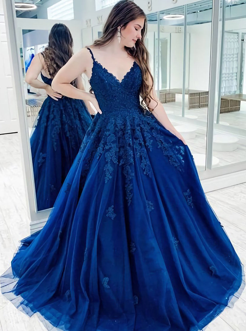 Blue Sleeveless Lace Appliques Long A Line Prom Dresses