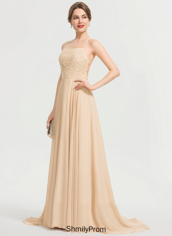 Chiffon With A-Line Sweep Prom Dresses Sequins Jan Square Beading Train