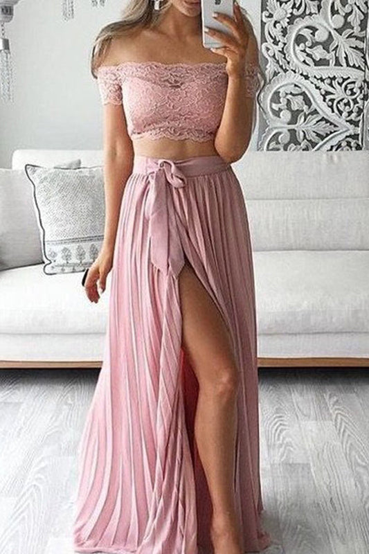 Pink Two Piece A Line Floor Length Off Shoulder Side Slit Lace Long Prom Dresses