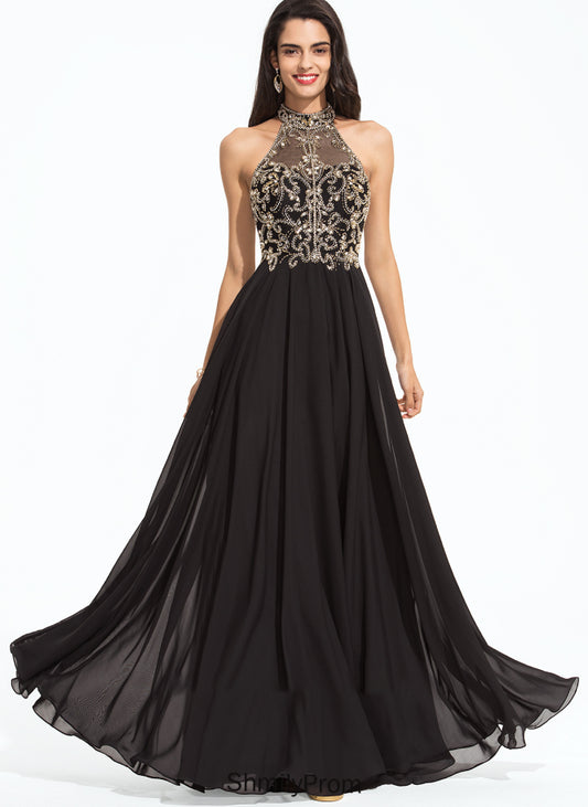 Leyla Neck A-Line Floor-Length Prom Dresses With Beading High Chiffon Sequins