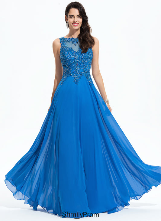 With Chiffon Sequins Scoop A-Line Neck Beading Prom Dresses Jenna Floor-Length Lace