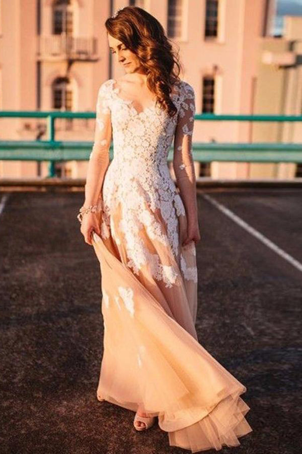 Romantic Long Sleeves Lace Appliques Beautiful Flowy Wedding Dresses For Women