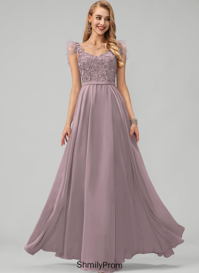 Britney Floor-Length A-Line Beading Chiffon Sequins With V-neck Flower(s) Feather Prom Dresses