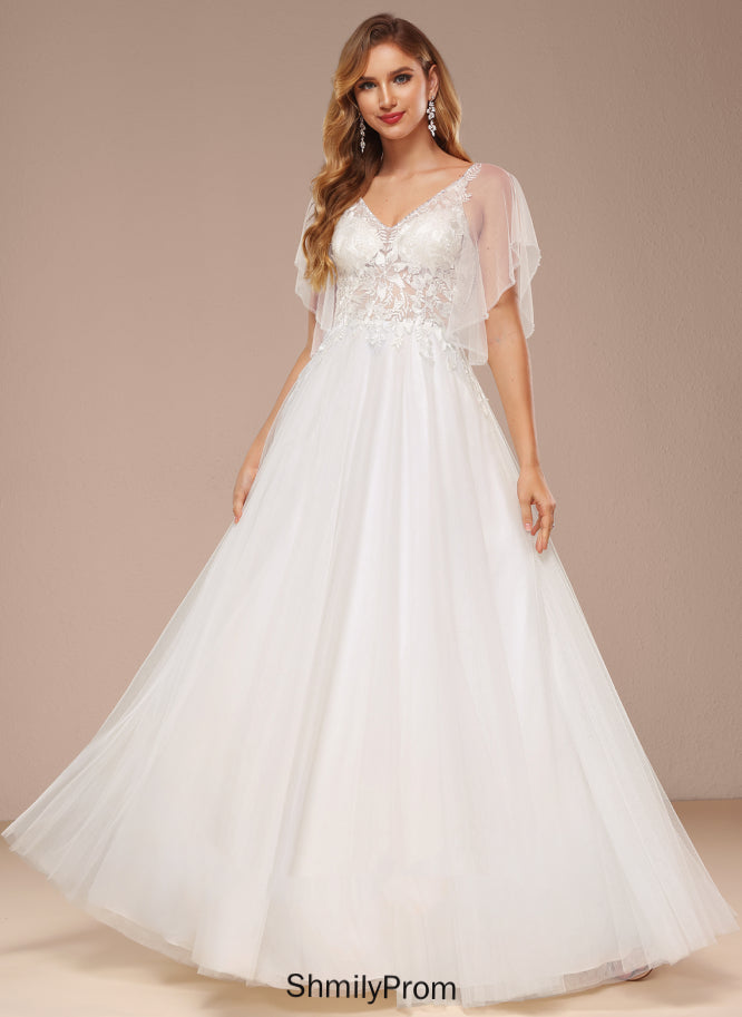 Justice A-Line Ruffle Lace Floor-Length Sequins Tulle Wedding Dresses Dress V-neck Wedding With