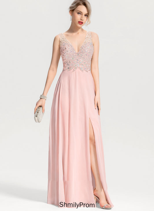 Front Split Prom Dresses A-Line Beading Sequins Floor-Length Chiffon Brielle With V-neck
