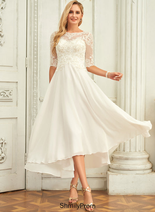 Beading With Dress Wedding Dresses Asymmetrical Lace Brianna Wedding Chiffon A-Line Sequins Scoop