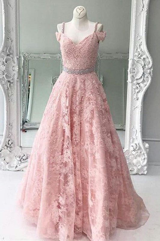 Pink A Line Floor Length Sweetheart Sleeveless Appliques Lace Prom Dresses