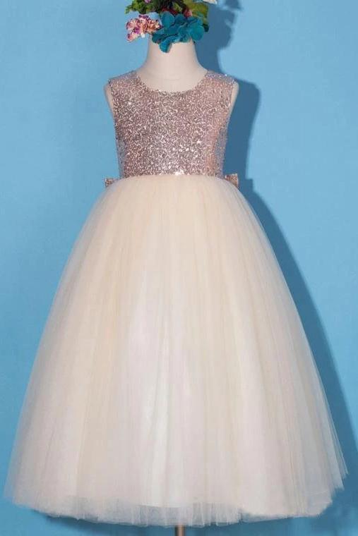 Princess Gold Sequin Shiny Round Neck Flower Girl Dresses with Bowknot, Baby Dresses STC15589
