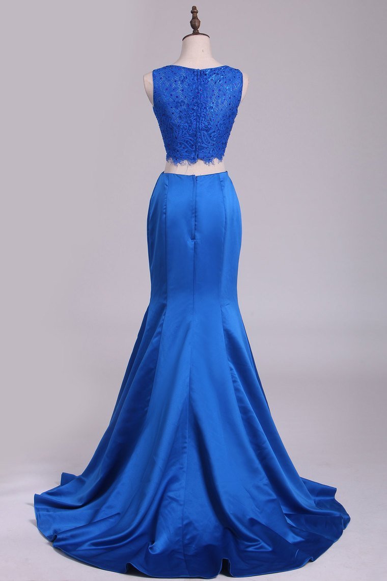 Two Pieces Mermaid Bateau Prom Dresses With Beading Satin &