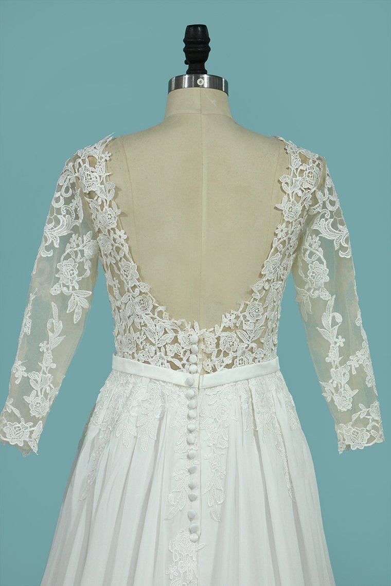 Scoop Chiffon Wedding Dresses 3/4 Length Sleeves