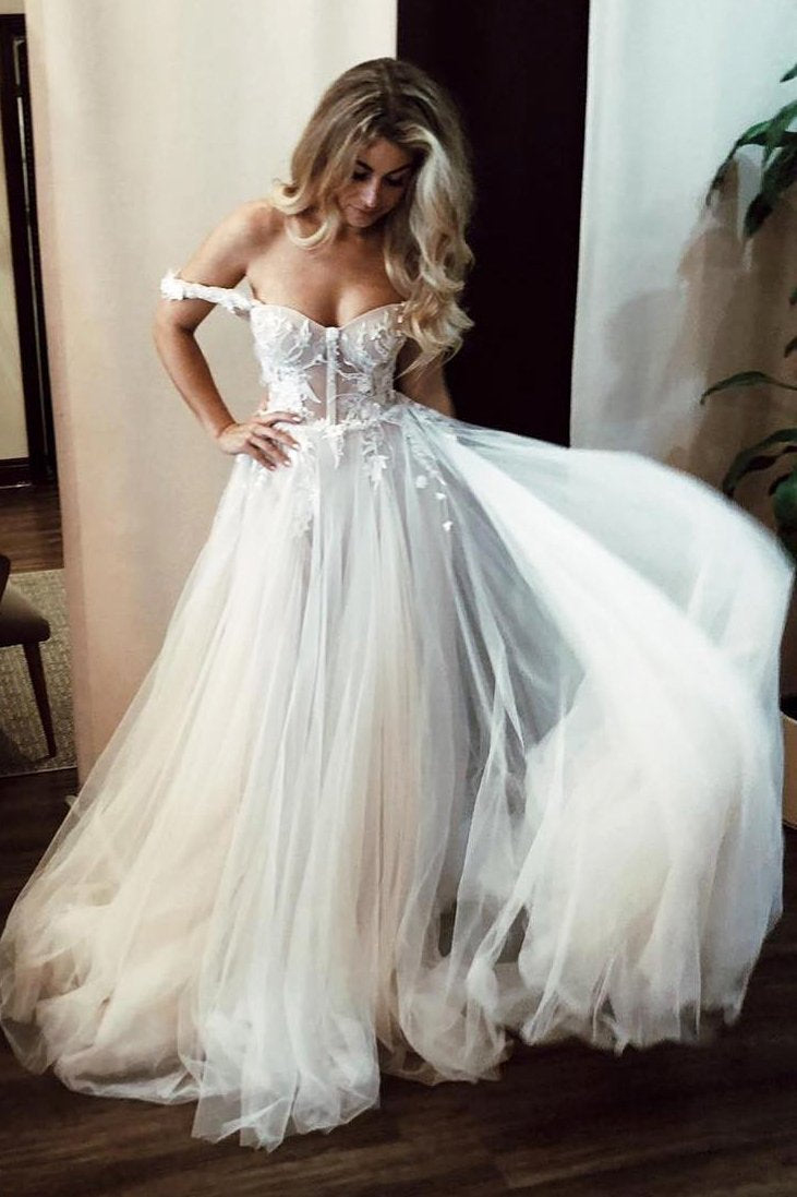 Unique Off the Shoulder Ivory Long Wedding Dress with Appliques, Sweetheart Wedding Gowns STC15461