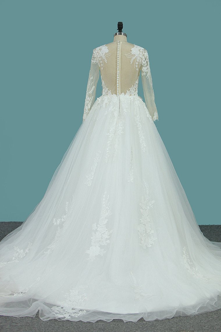 2024 Scoop Long Sleeves Tulle Wedding Dresses With Applique