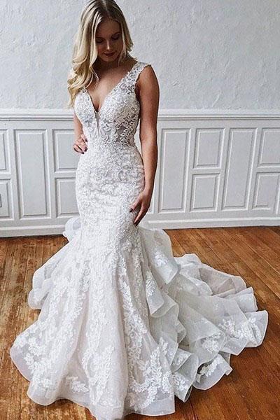 Stunning Mermaid Lace V Neck Backless Wedding Dresses Straps Wedding Gowns STC15438