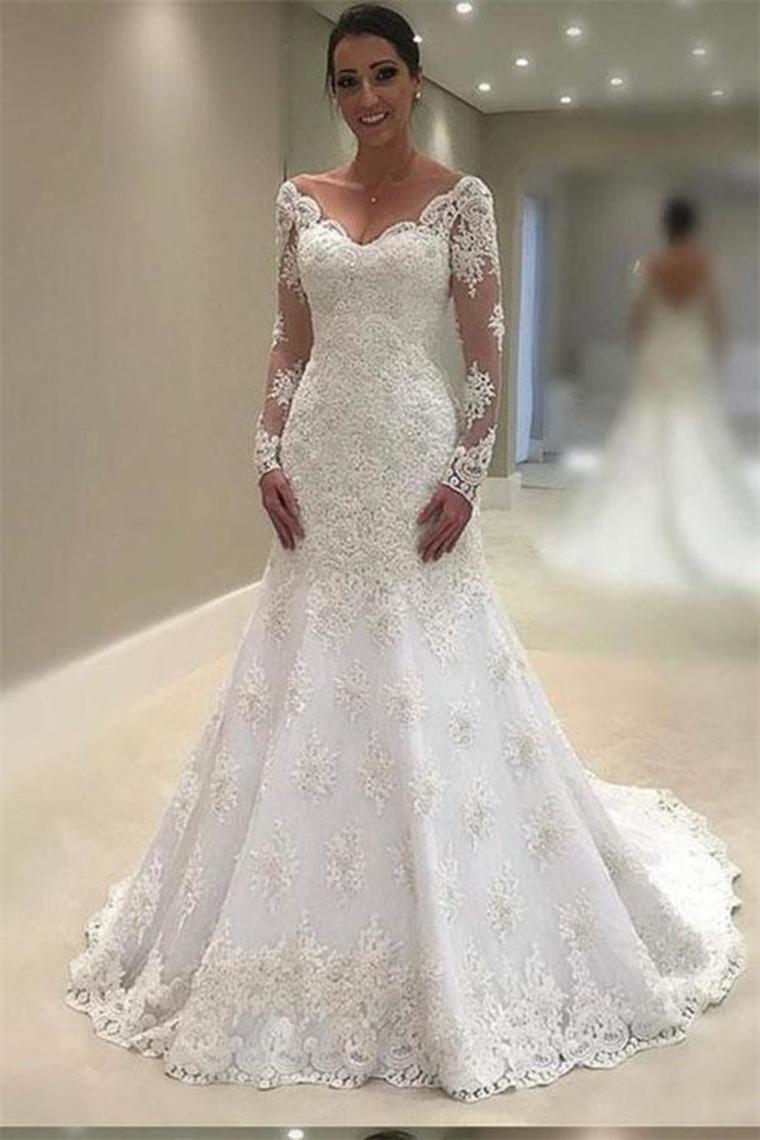 Charming Long Sleeves Memriad Ivory Lace Long Wedding Dresses Bridal
