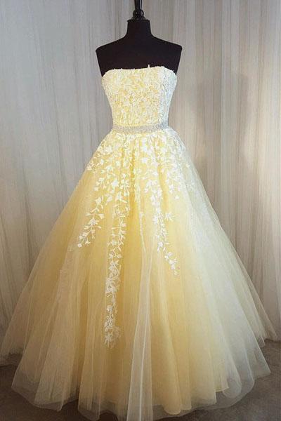 A Line Yellow Strapless Tulle Lace Appliques Prom Dresses, Party STC20389