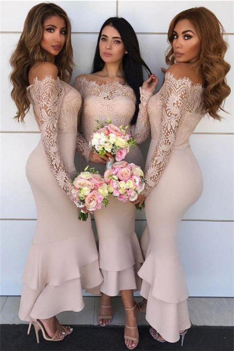 Long Sleeves Mermaid Sheath Lace Bridesmaid Dresses Elegant Wedding Party